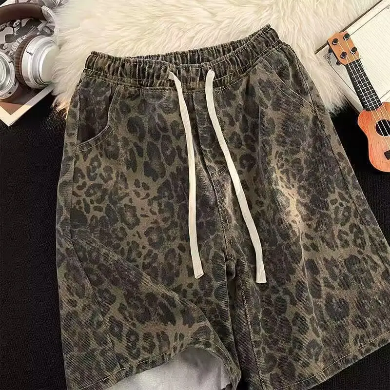 American Retro Leopard Print Casual Shorts Male Trendy Hip-Hop Street Loose Straight-leg Fifth Jeans Drawstring Pocket Shorts