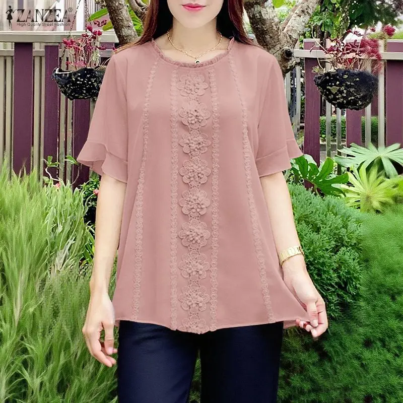 

Элегантные женские блузки с цветочным кружевом и вставками, летние топы ZANZEA с коротким рукавом, свободные блузы оверсайз, однотонные футболки