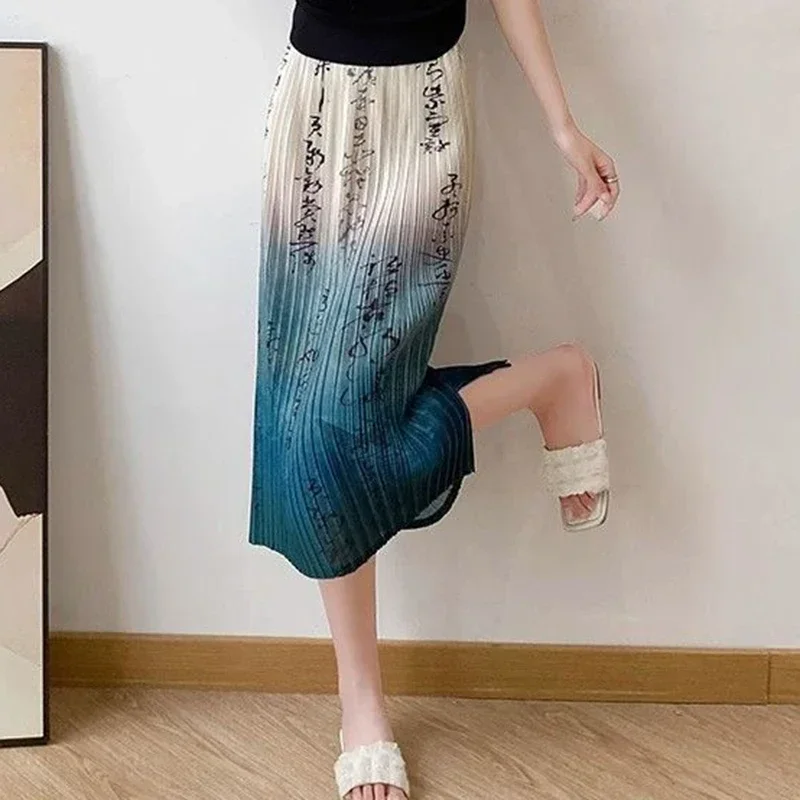 Wrinkled Summer Vacation Floral Dress Slim Fit Elastic Waist Elastic Big Bag Buttocks Straight Tube Printed Skirt Harajuku