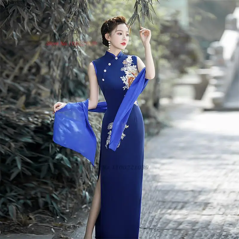 2024 chinese vintage dresss improved cheongsam national flower embroidery banquet qipao elegant sleeveless evening party dress