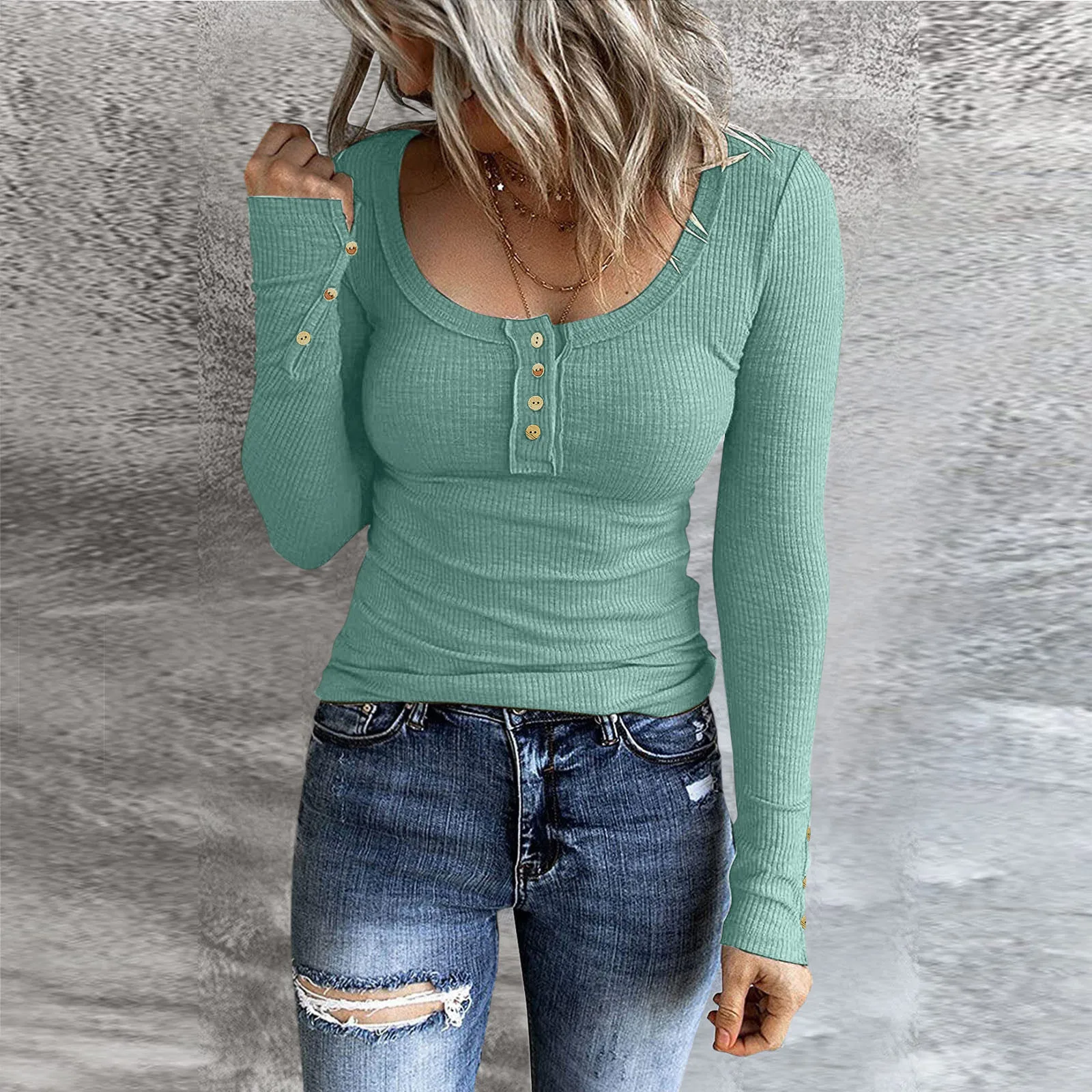 Women’s U Neck Solid Long Sleeve Henley T Shirts Button Down Slim Fit Tops Scoop Neck Ribbed Knit Shirts Skinny High Street Chic