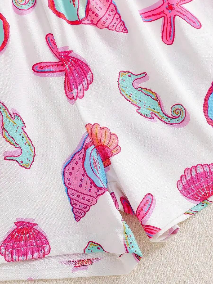 

Womens Seashell Print Pajama Set, Short Sleeve Top And Shorts, Comfortable Sleepwear