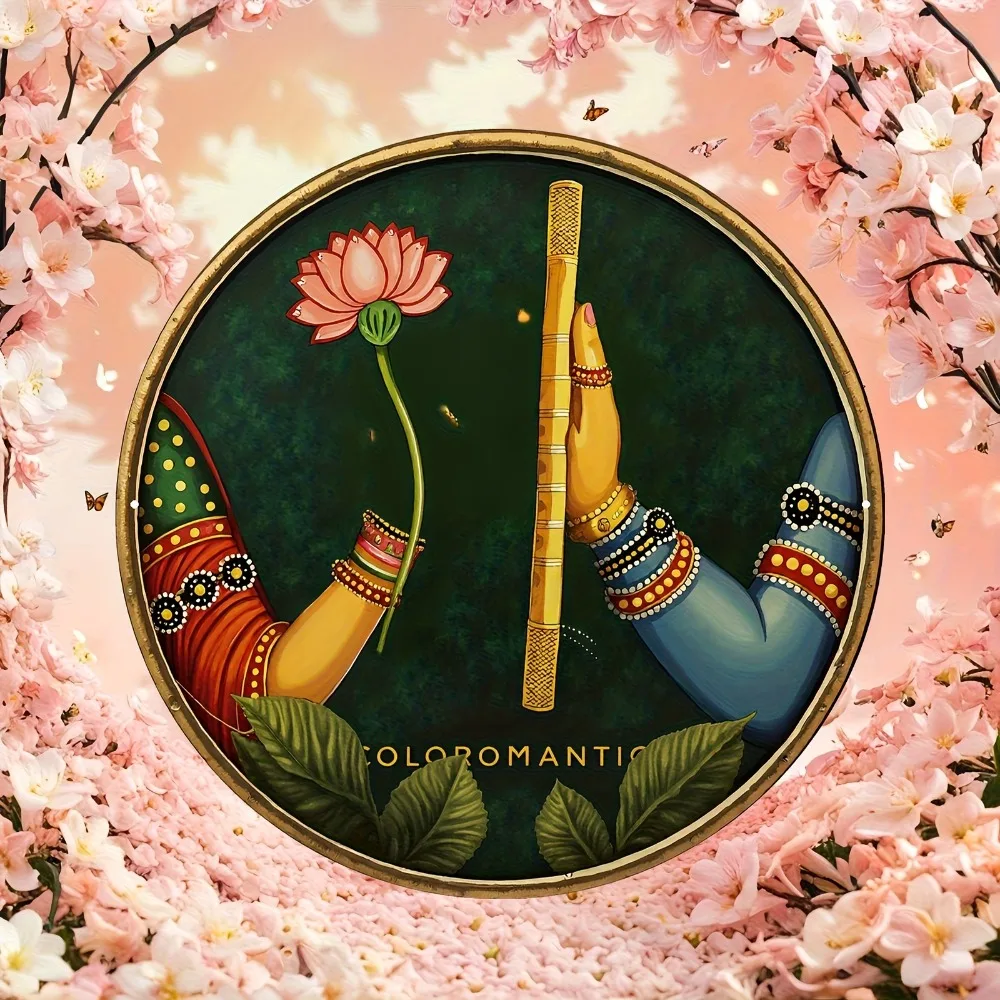 Krishna Radha Indian Art Aluminum Sign, 20x20cm Round Spiritual Home Decoration Wall Art Gift