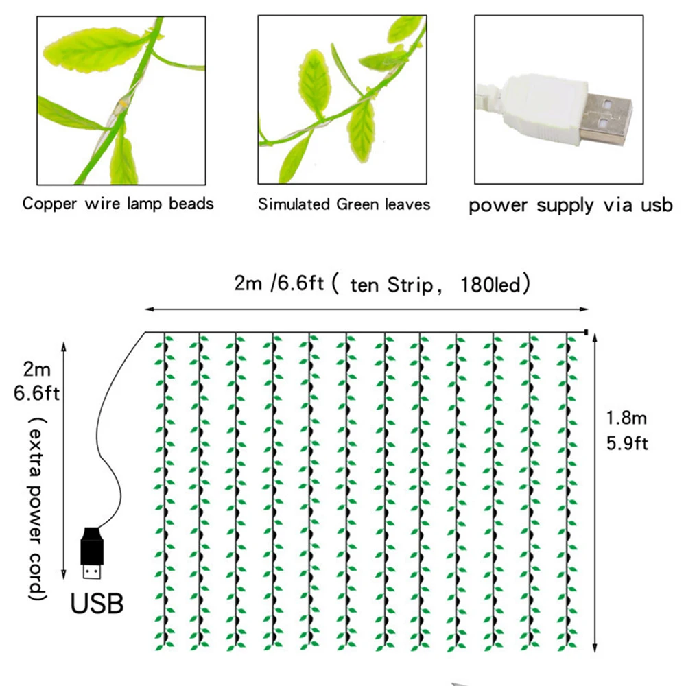 180 LED USB Garland Willow Vines String Lights Battery Artificial Ivy Led Curtain Fairy lights For Wall Party Garden Decoration