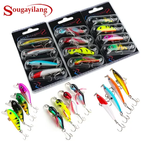 Sougayilang conjunto de isca de pesca 4 pçs wobbler anti-corrosão gancho baixo isca de pesca para mar carpa pesca equipamentos de pesca