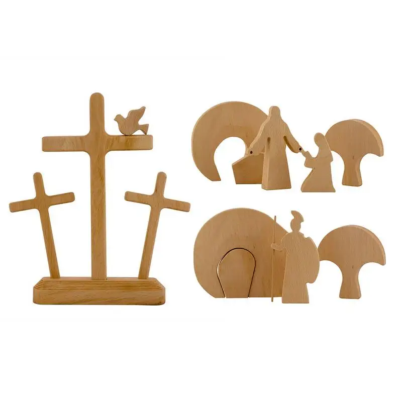 Easter Resurrection Scene Decoration Set Wooden Handicraft Nativity Scene Easter Decoration 2023 Collectible Statue Home Decor