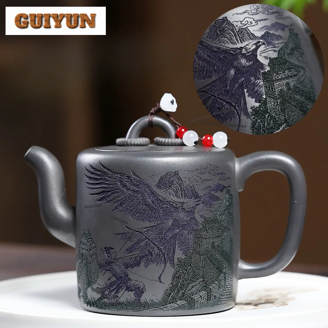 390ml Antique Yixing Purple Clay Teapots Handmade Eagle Strikes The Great Wall Pot Raw Ore Azure Mud Kettle Zisha Tea Set Craft