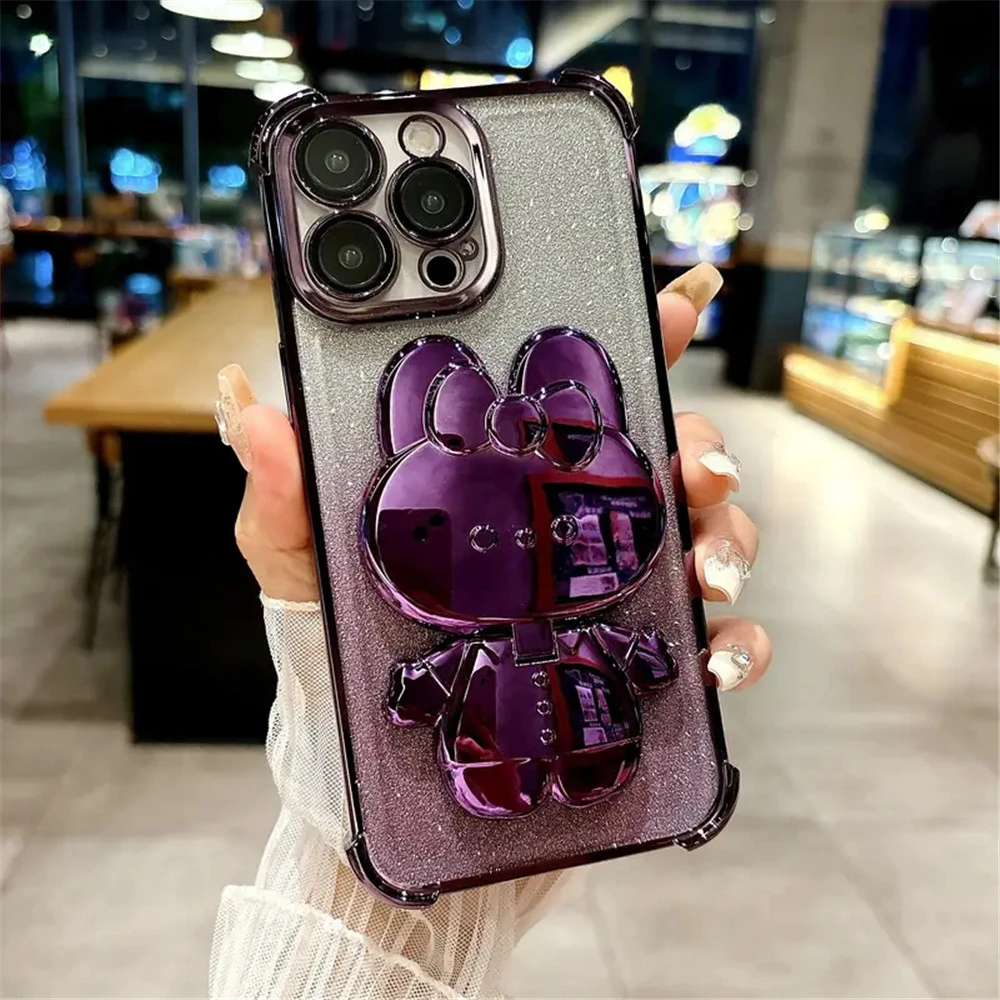 Противоударный блестящий чехол для телефона Motorola Moto G10 G20 G30 G84 G54 G82 5G G52 G71S, невидимый чехол-подставка с зеркалом для макияжа и кроликом