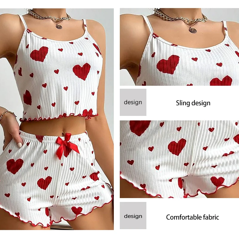 Ladies\' Summer Two-Piece Printed Ice Silk Suspender Pajama Set with Heart-Shaped Printed Bow Decoration Pajama Set