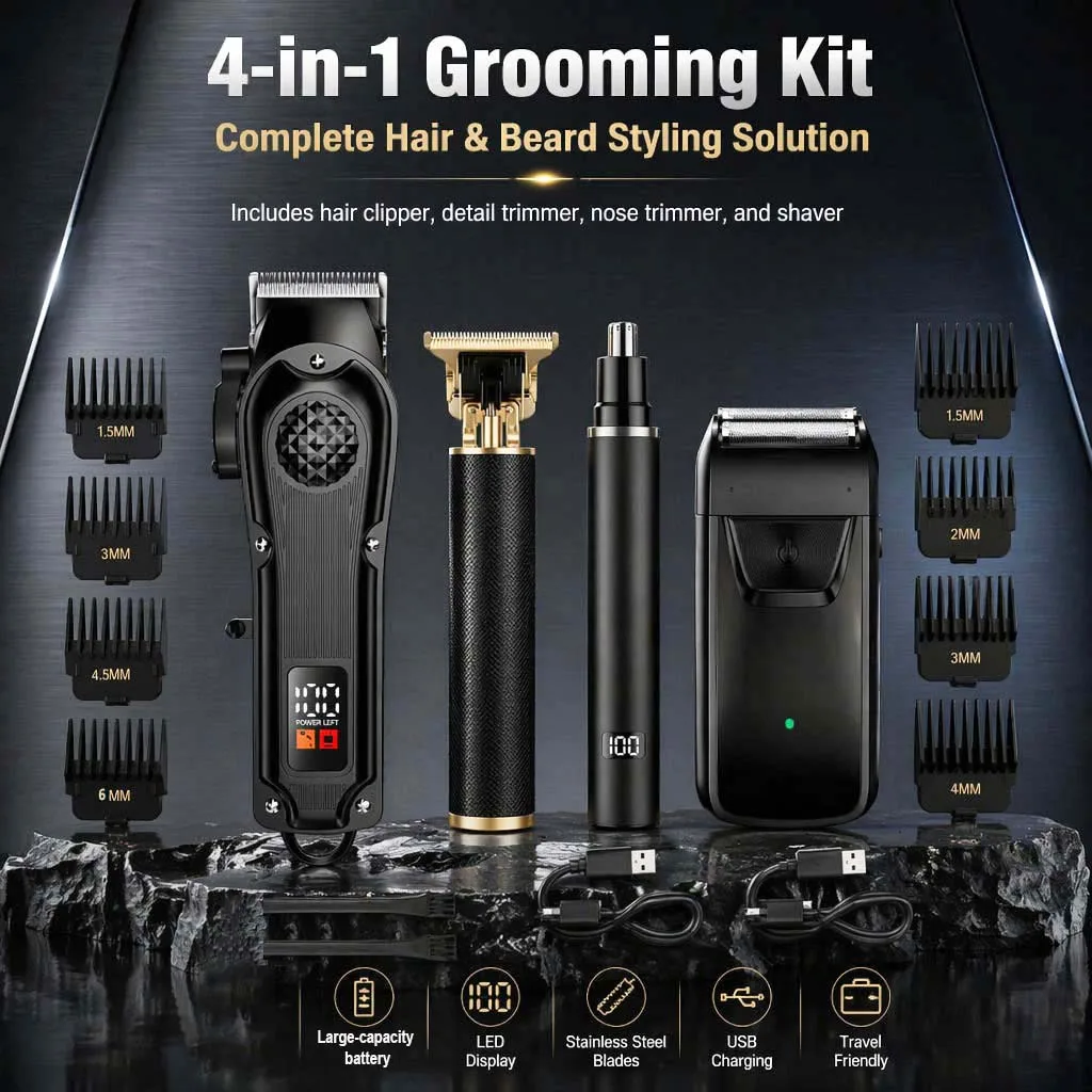 4-in-1 Men's Hair Clipper Set with LED Display, USB Rechargeable Beard & Nose Trimmer, Foil Shaver + 8 Combs for Home & Barber