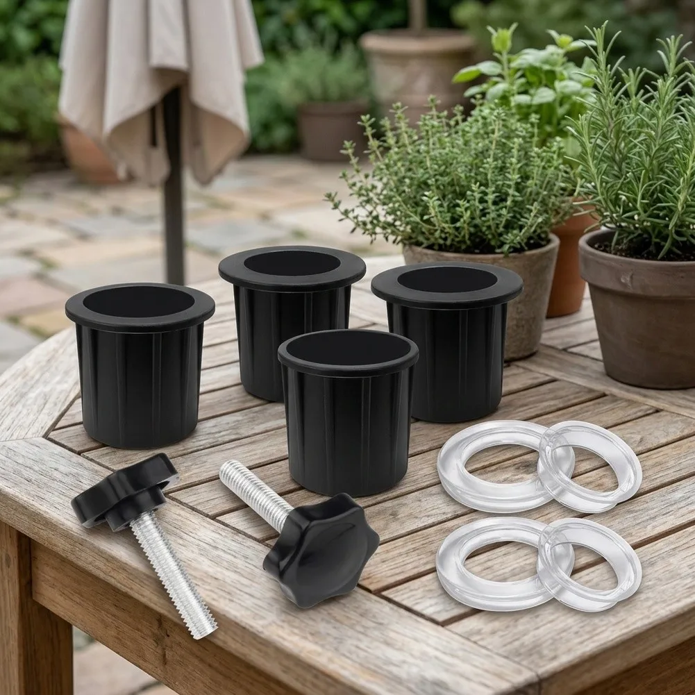Table Umbrella Replacement Parts Kit 8 pcs ABS Black Includes Hole Ring Cover Cap Stand Screw Pole Cap 1.5inch 1.9inch