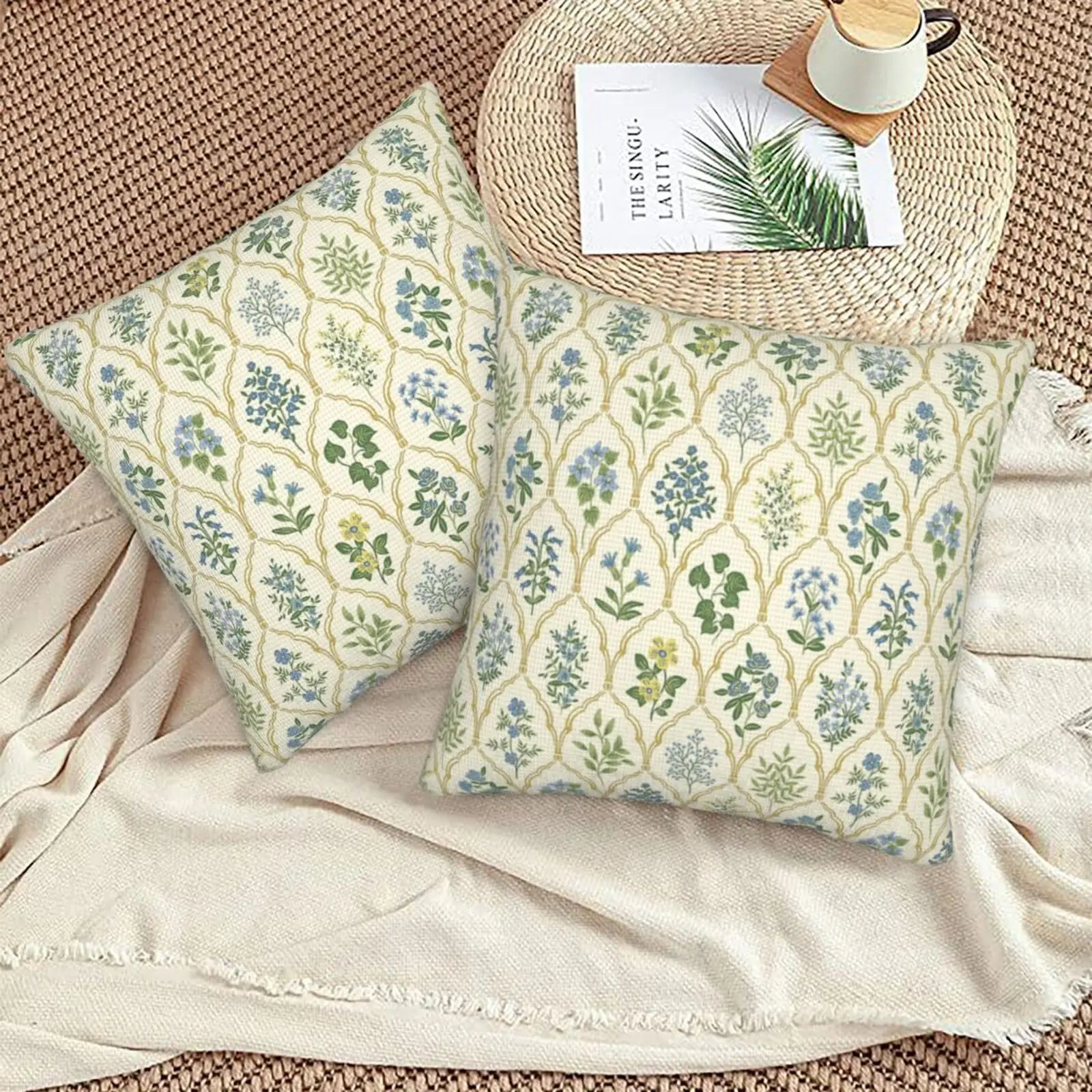 2 Pack Cream Blue Yellow Botanical Pillow Covers Double Sided Print Vintage Trellis Cushion Cases Home Decor for Sofa Bedroom