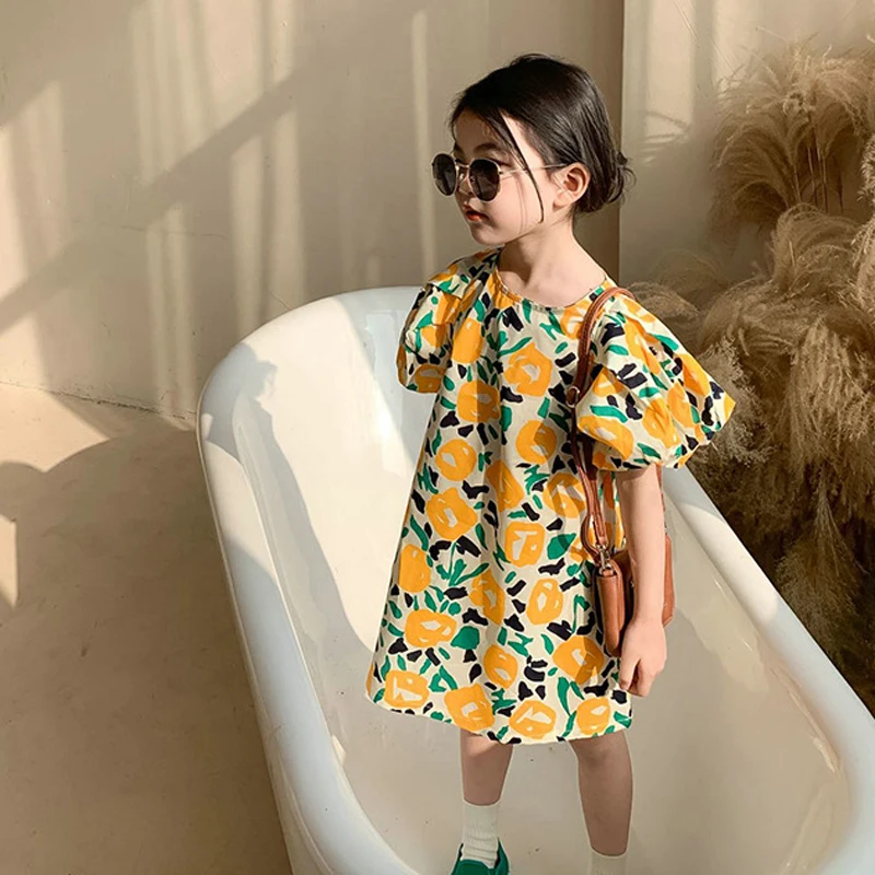 Girls Summer Dress Country Style Children Clothing Puff Short Sleeves Casual Baby Kids Clothes Sweet Flower Princess Vestidos