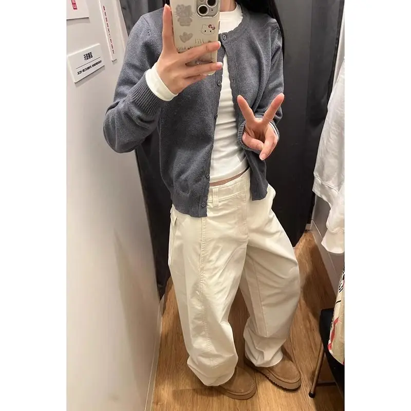 الرجعية الأمريكية سكين منحني الأزرق الداكن واسعة الساق مستقيم الجينز النساء ربيع الخريف عادية عالية الخصر بنطلون فضفاض سراويل تقليدية #6