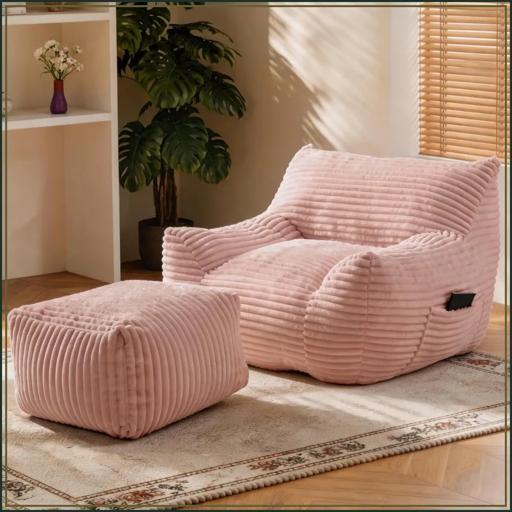 Oversized Bean Bag Chair with Ottoman and 2 Side Pockets, Soft Lounge Couch for Living Room