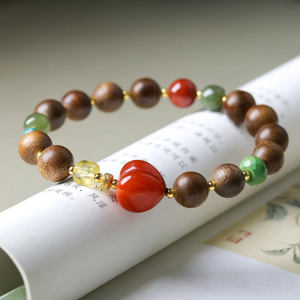 Original Design Green Chinaberry Sinking Wood Single Loop Bracelet Wushu and Tianyu Chinese Fart Peach Strings