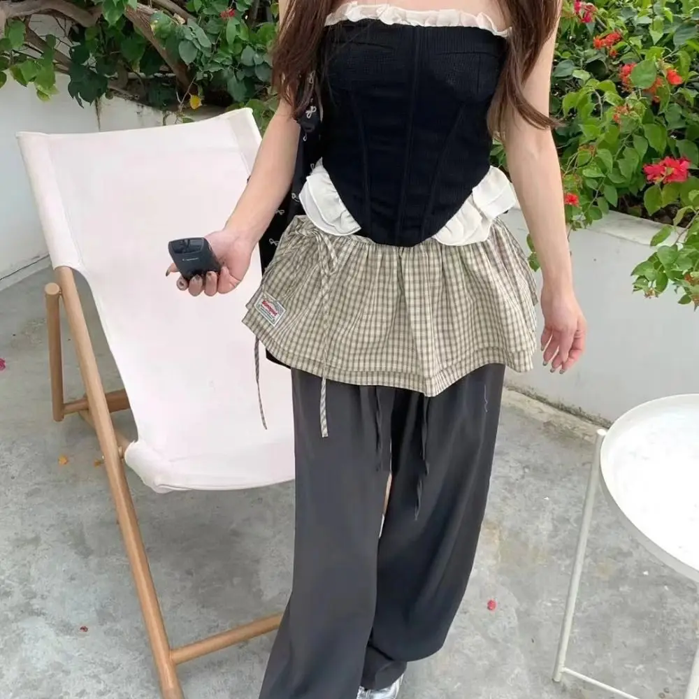 패션 스윗 격자무늬 미니 스커트 허리 벨트 장식 하이웨이스트 하프 바디 스커트 Y2K 한국 스타일 러플 엣지 스커트 파티