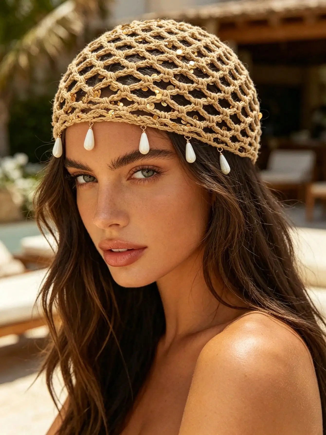 1pc Bohemian Hollow Sequin Knit Beanie With Star Pendant Multi-Color Vacation/Street Style Fashion Headwear
