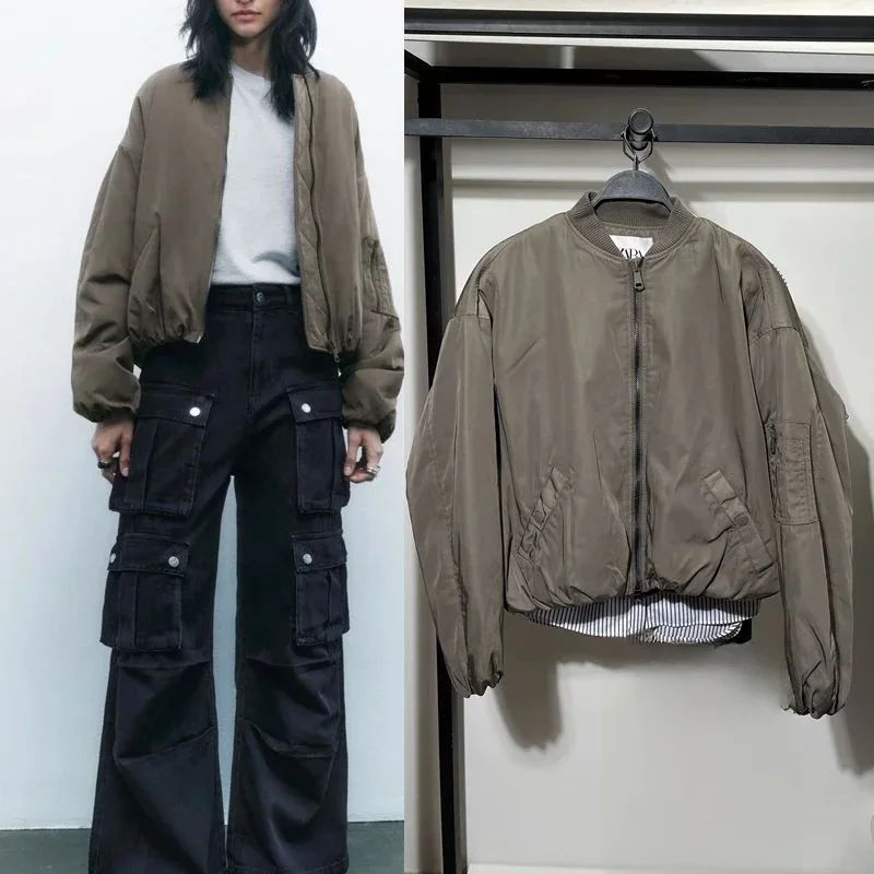 

Cotton Zipper Bomber Jaet ort Women's 29690 Special Wide Fit Long Sle Youthful Trend Autumn Collection Stand Collar