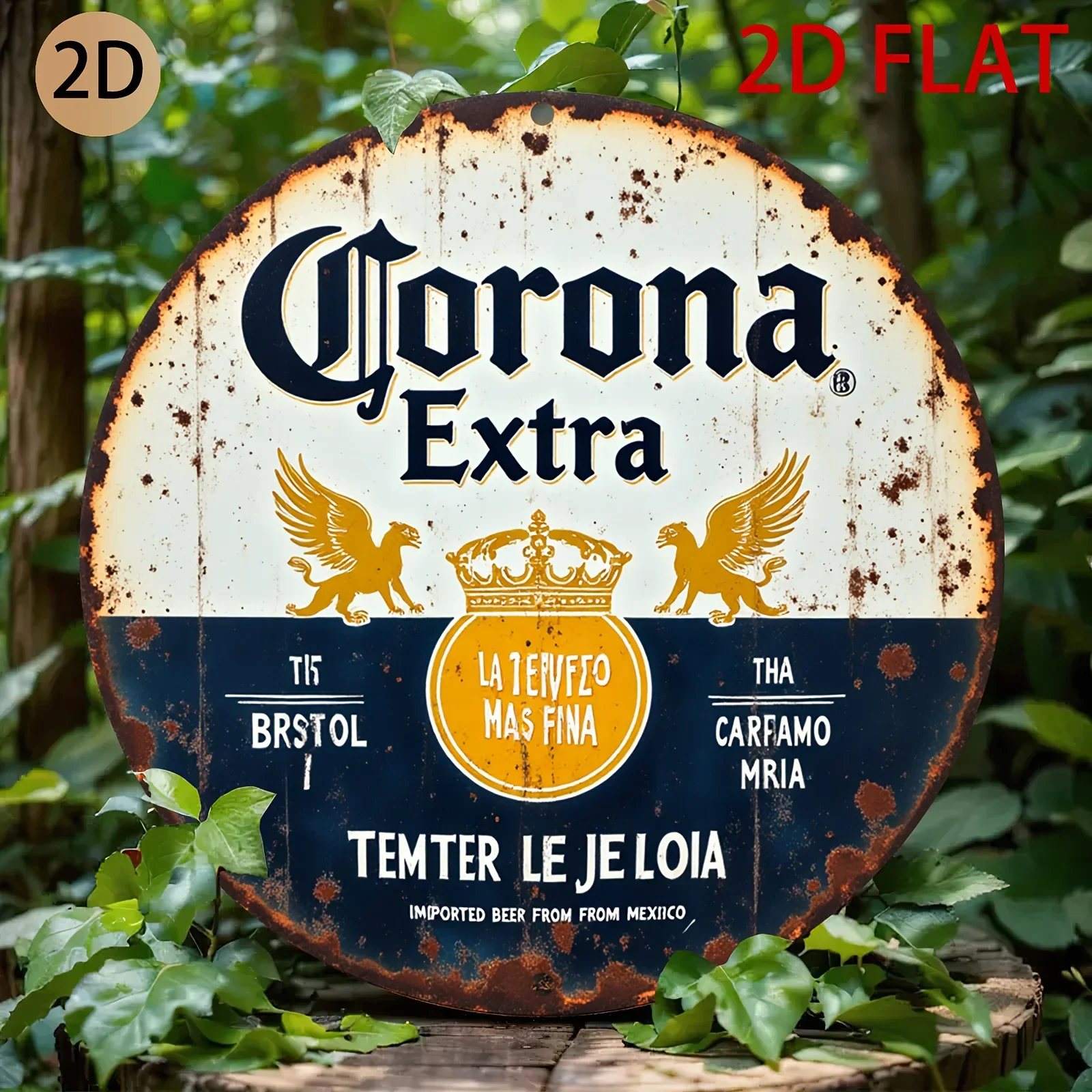 Diseño Retro de Cerveza Mexicana Vintage "Corona Extra Beer" con Ilustración de Grifo Dorado y Corona, Acabado Rústico Desgastado y 2D Fl
