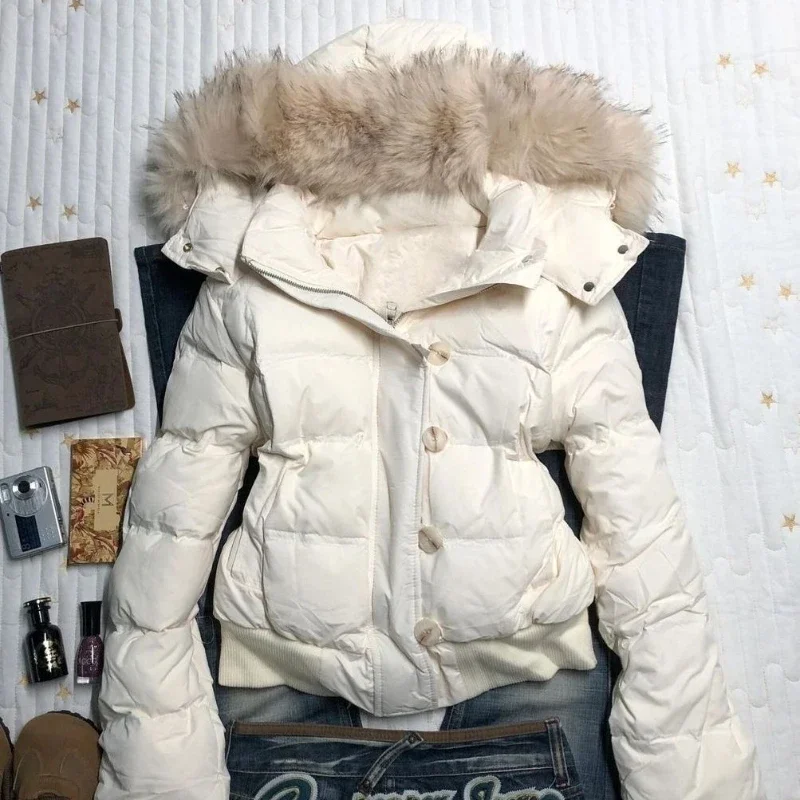 Damen Winter-Baumwollmantel mit Kapuze, amerikanischer Retro-Stil, Pelzkragen, einfarbig, warm, locker geschnitten, lässig, schmal geschnitten, Baumwolljacke, Oberbekleidung – Detail 1