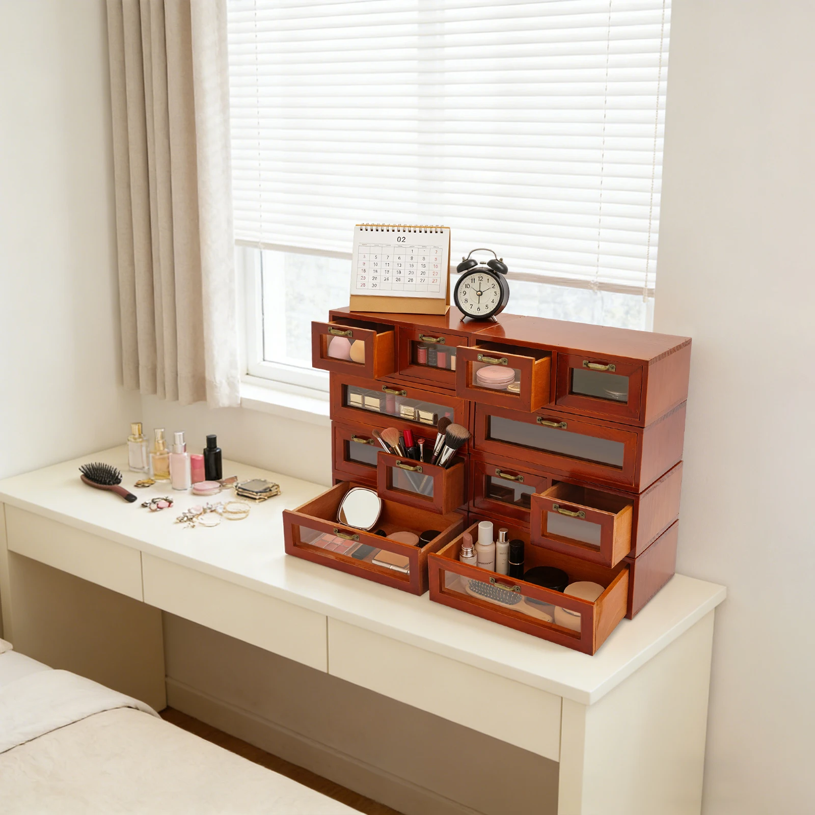 Wooden Desk Organizer, 4 Set Stackable Storage Cabinets, Multi-functional Home Office Desktop Storage Caddy Detachable Organizer