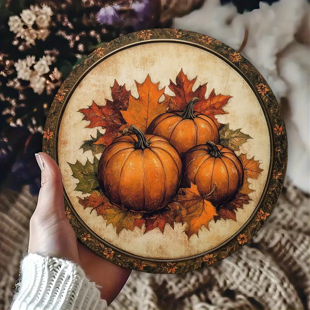 2D Flat - [2D Flat] 2D Plane - 1 2D Plane Printed Metal Sign, Measuring 20X20 Cm, with a Rustic Pumpkin Design. This Round Sign,