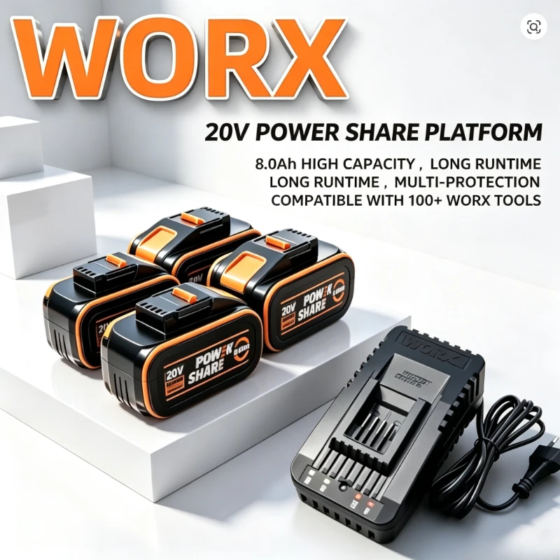 100% Genuine WORX 20V 8.0Ah Battery Pack WA3553.1 PowerShare System Compatible with WORX Leaf Blower Grass Trimmer WG163