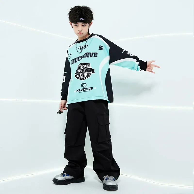 

New Boys Jazz Dance Performance Costumes Letter Print Patchwork Top Casual Cargo Pants Set Streetwear Hip Hop Dance Rave Clothes