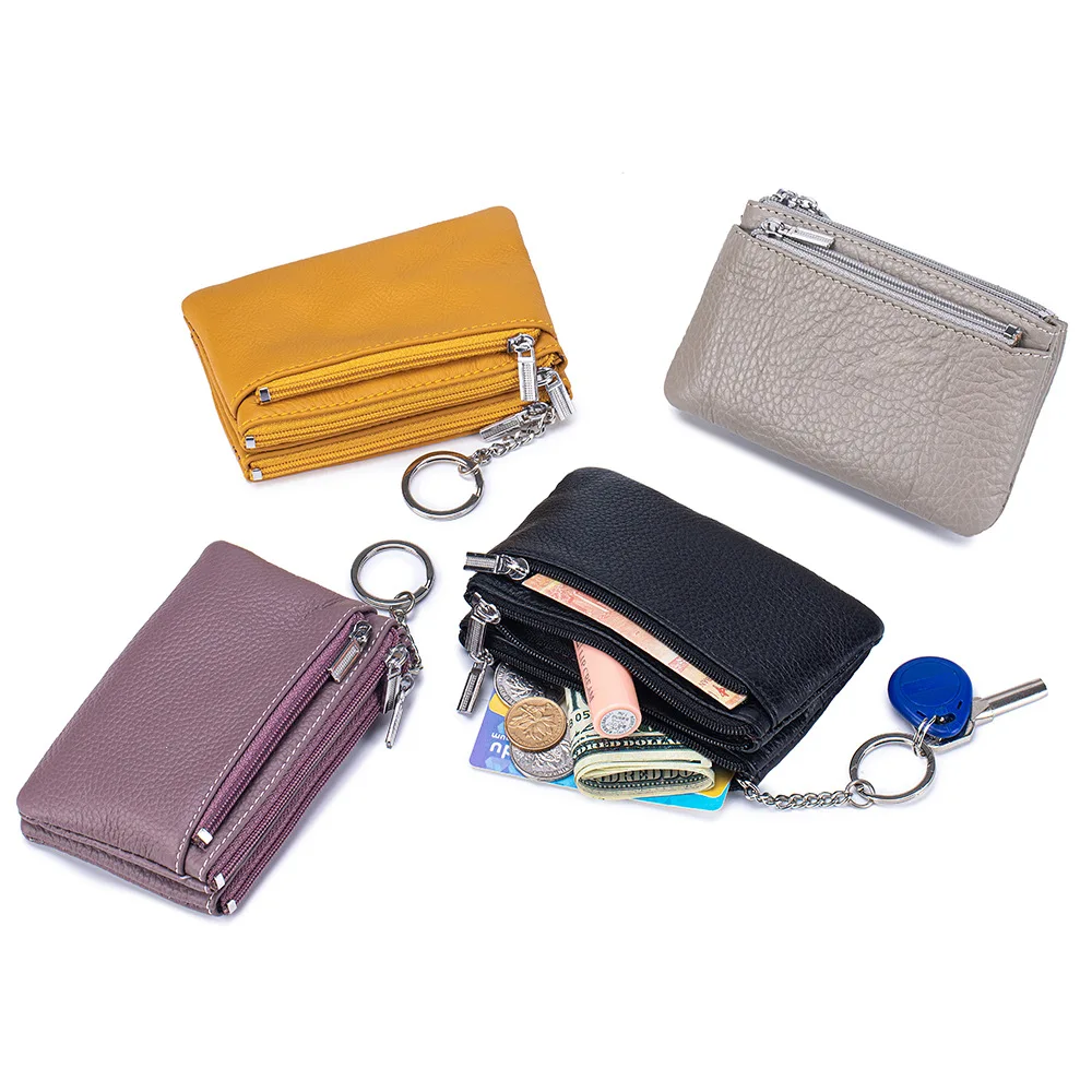 

Small Wallet for Women Genuine Leather Card Holder Minimalist Zipper Coin Pocket Large Capacity Coin Holders with Keyring
