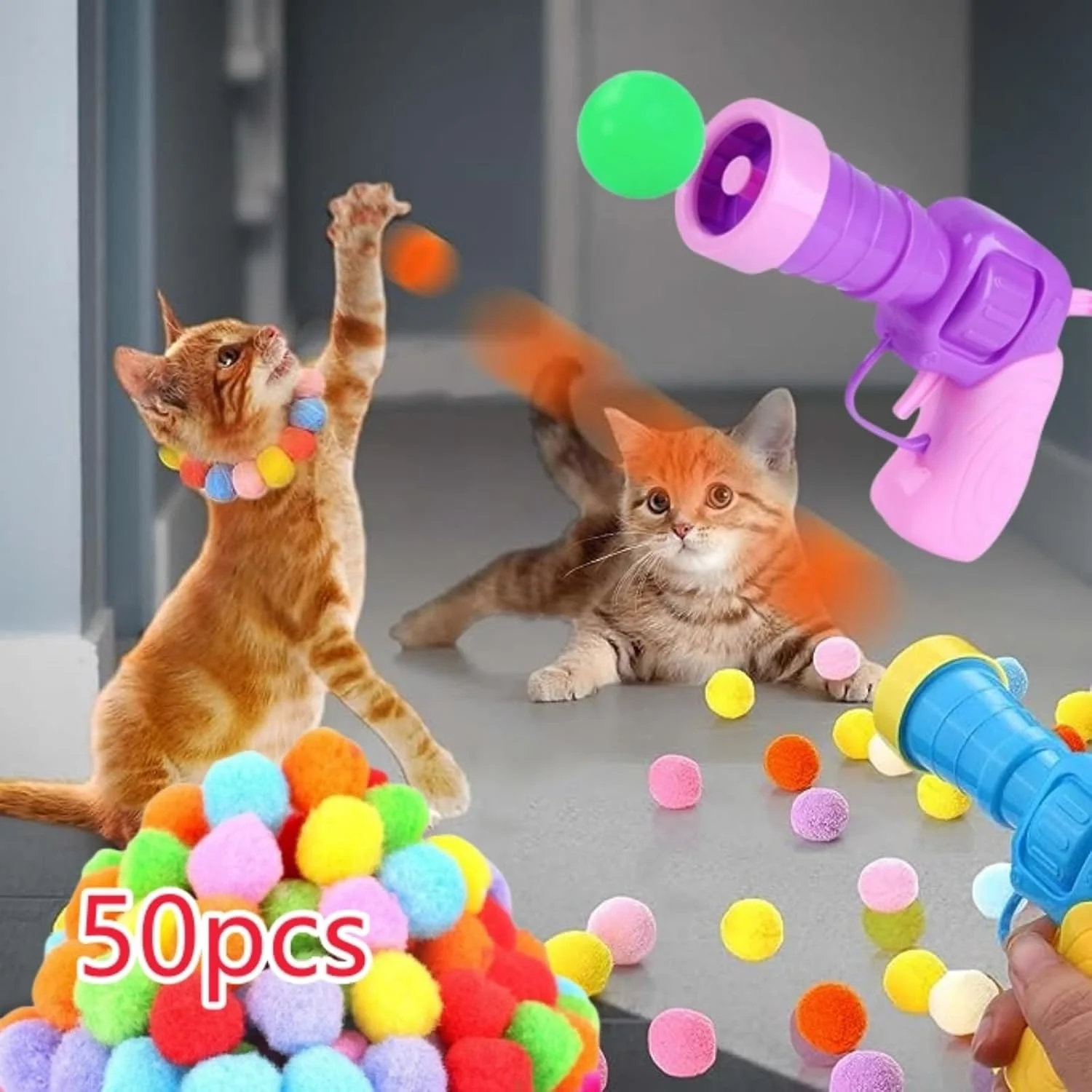 

Cat Toys Interactive Launch Training Creative Kittens Mini Pompoms Games Stretch Plush Ball Toys Cat Plush Toy Gun Pet Supplies