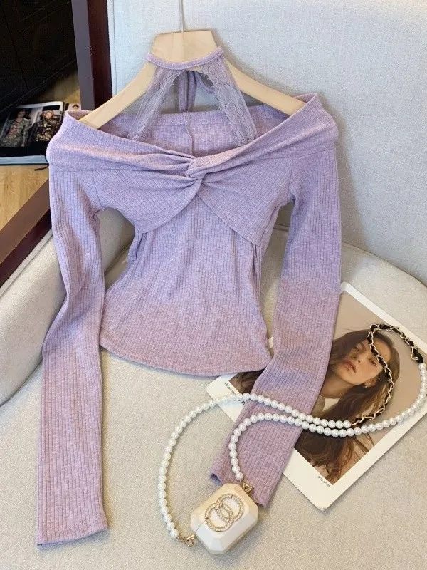 

Pure Desire Lace ter Ne oulder Knitted Sweater Women's Inner Wear Autumn Winter High End Feeling Twist Knit Base Top