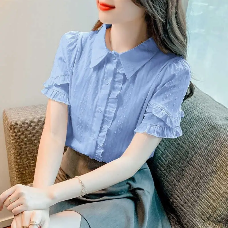 Women\'s Blouse Summer New Fashion Sweet Solid Color Polo-Neck Button Spliced Ruffles Puff Sleeve Loose Commuter Shirt Tops