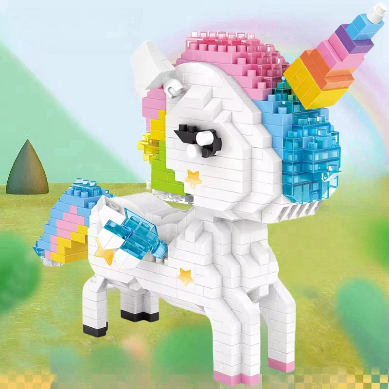 Building Blocks Rainbow Cherry Blossom Assembled Unicorn Small Particles Patchwork Toy Animal Model Puzzle Christmas Gift