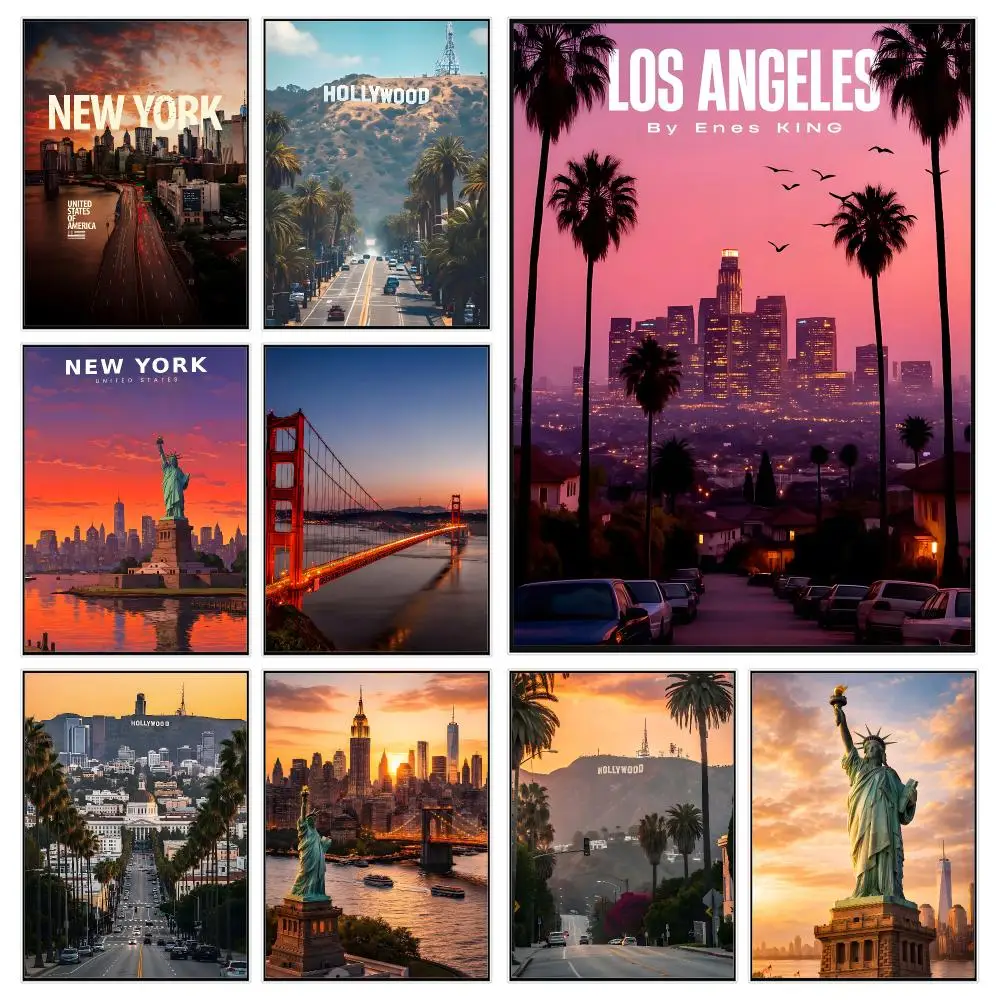 Tourist Concept Iconic American landmarks Poster Trendy Aesthetic Wall Decor for Dorm & Bedroom