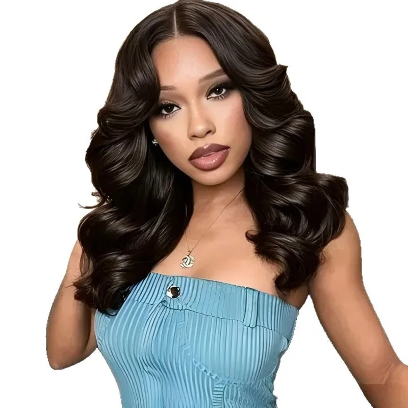 Cross-border best-selling, , black, medium-length wavy wig with a center part, creating a stylish and voluminous look