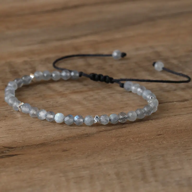 1 PC Bohemian 4mm Natural Stone Gray Moonstone Bracelet Adjustable Yoga Healing Crystal Charm Bracelets for Women Jewelry