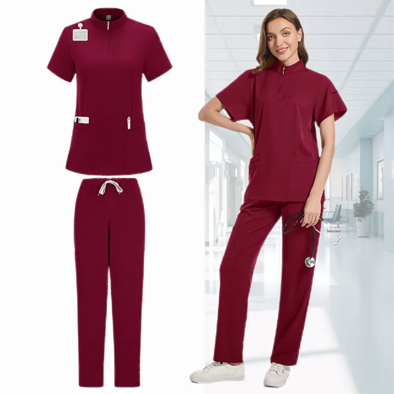 ممرضة فرك مجموعة الدعك الطبية موحدة النساء غرفة العمليات التمريض الملابس جيب أعلى السراويل 2 قطعة دعوى صالون تجميل ملابس العمل