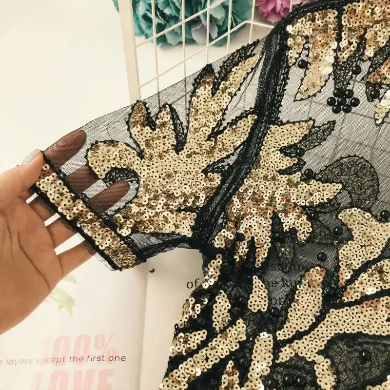 Sexy Floral Embroidered Beaded Mesh Tees Blingbling Sequined Short-sleeved O-Neck Perspective Gauze T-shirt Jumpers Crop Tops