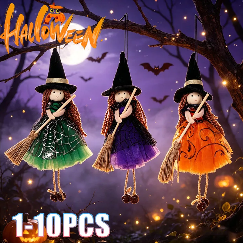 1-10PCS Pumpkin Head Witch Hanging Decoration with Thread and Jingle Bell for Halloween Tree Mantel Window Doorway Porch Party