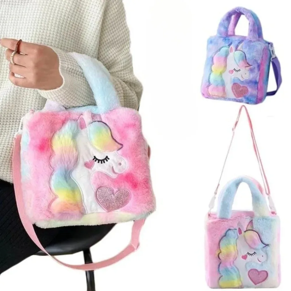 Plush Unicorn Tote Bag Girls Crossbody Handbag Rainbow School Bag Cute Bookbag Purse for Kids Travel Christmas Birthday Gift