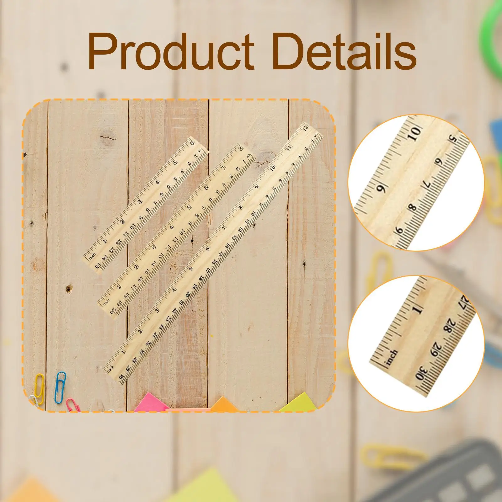 3Pcs Wooden Ruler Straight Edge Ruler Set for Crafting Students Office