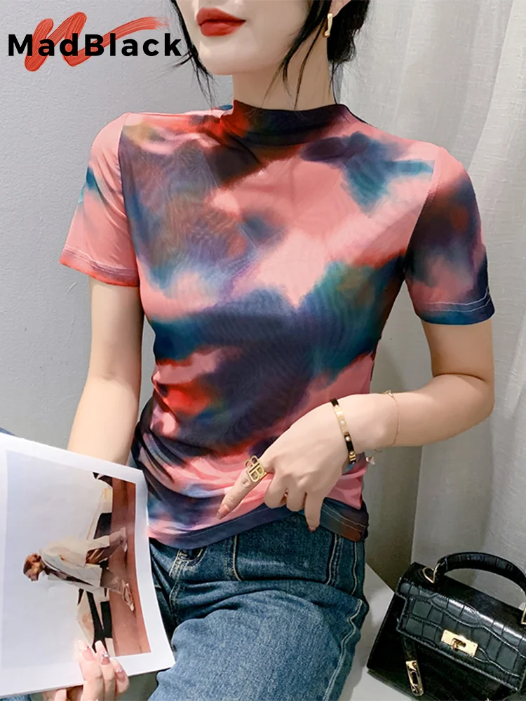 MadBlack European Clothing TShirt Women Sexy Half Turtleneck Floral Print Slim Mesh Pullover Tops Short Sleeve Tee Fall T38343JM