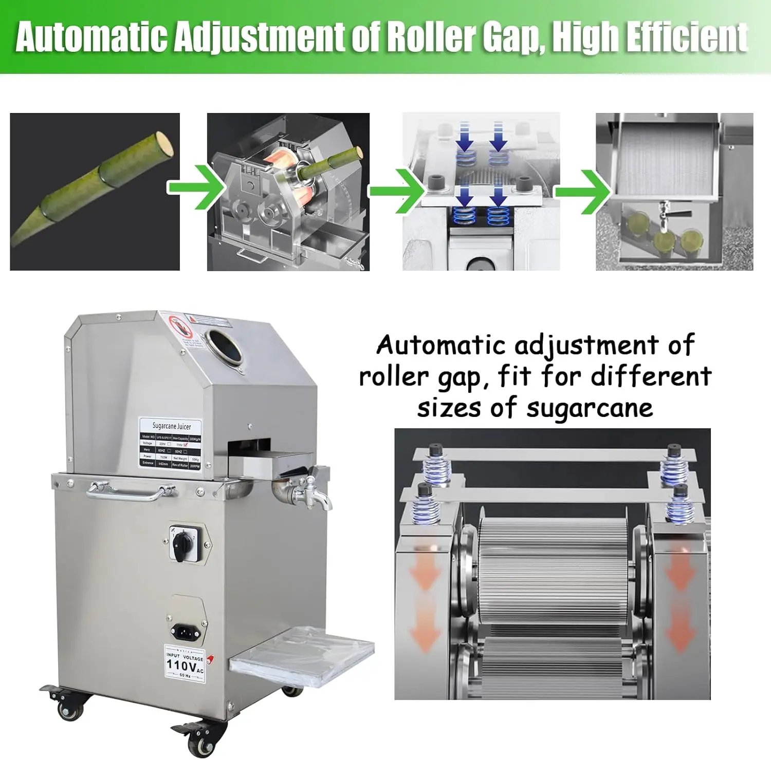 電気サトウキビプレスジューサーマシン、750Wステンレス鋼サトウキビジューシングクラッシャー抽出器