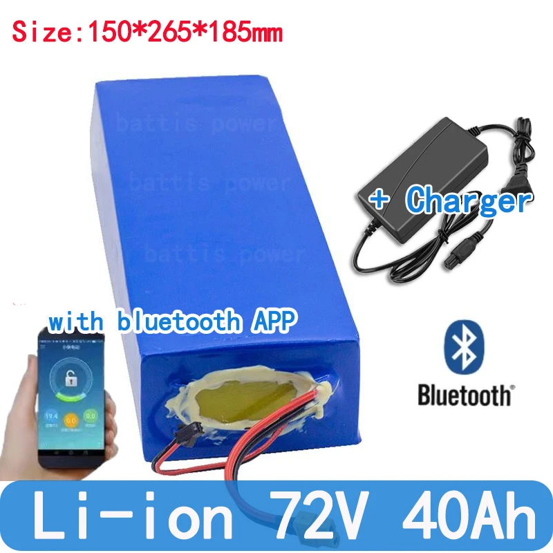 Batterie articulation ion 72V, 40Ah, Bluetooth, BMS, pour motoneige électrique 5000W, vélo de montagne, tracteur, moto, scooter