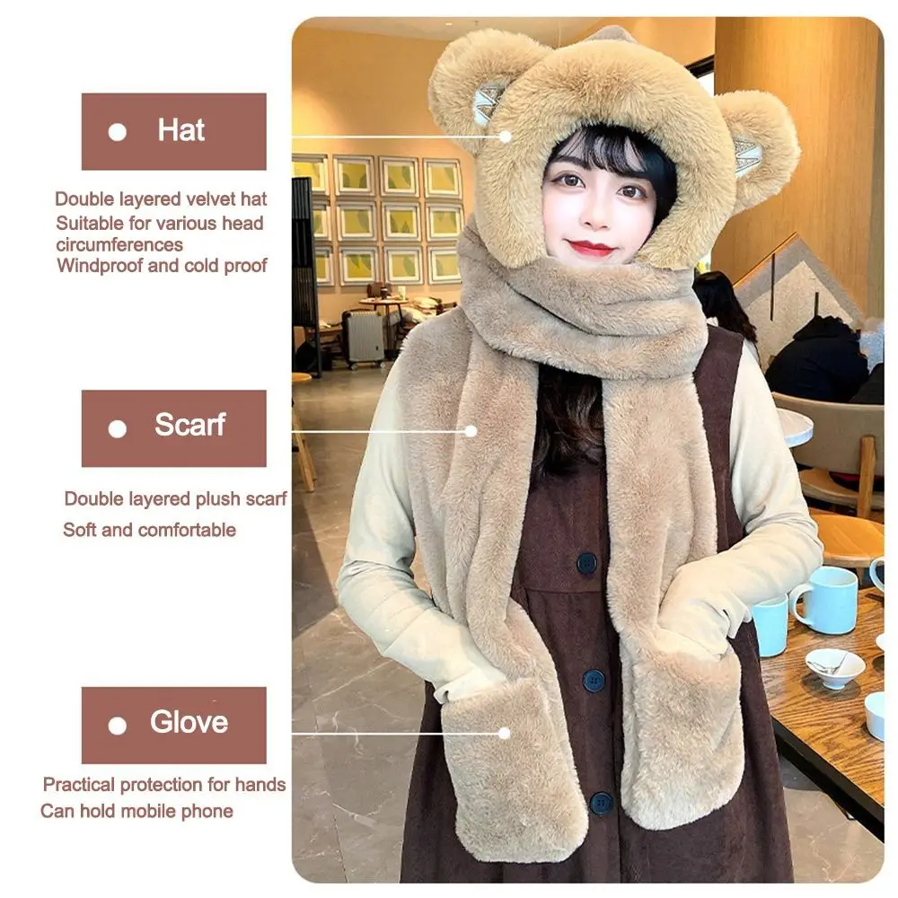 Fashion Windproof Bear Ear Hat Plush Thickening Plush Hat Scarf Set Bear Ear Hat Scarf Gloves Set Winter