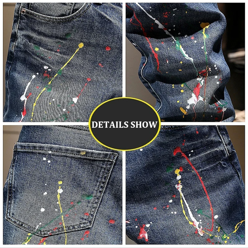 

High Street Designer Fashion Men Jeans Retro Blue Stretch Slim Fit Splashed Ripped Jeans Men Hip Hop Vintage Denim Pants Hombre