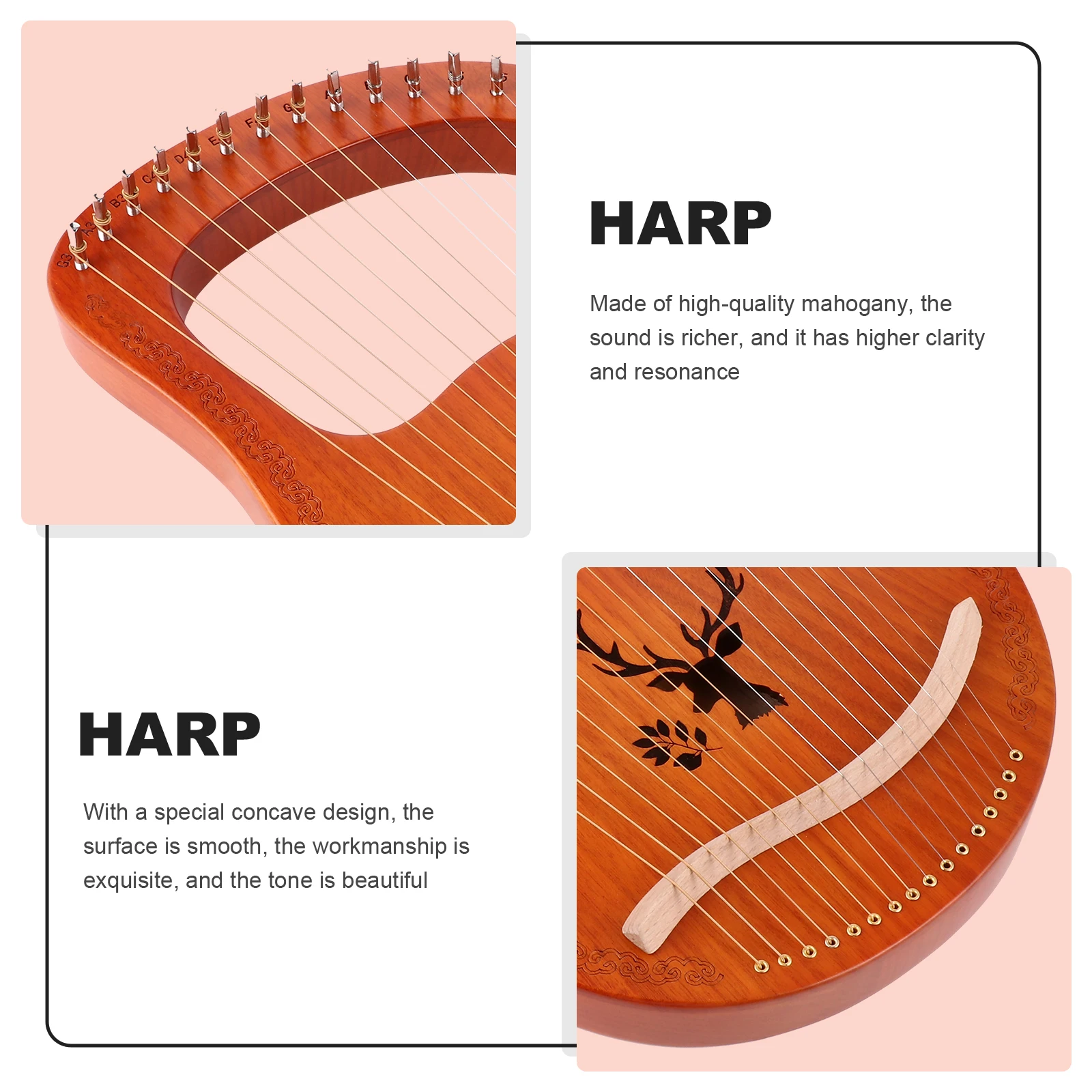 

16 String Lyre Harp Wooden Body Metal Strings Handheld Musical Instrument Tuning Wrench Warm Tone Beginner and Kids