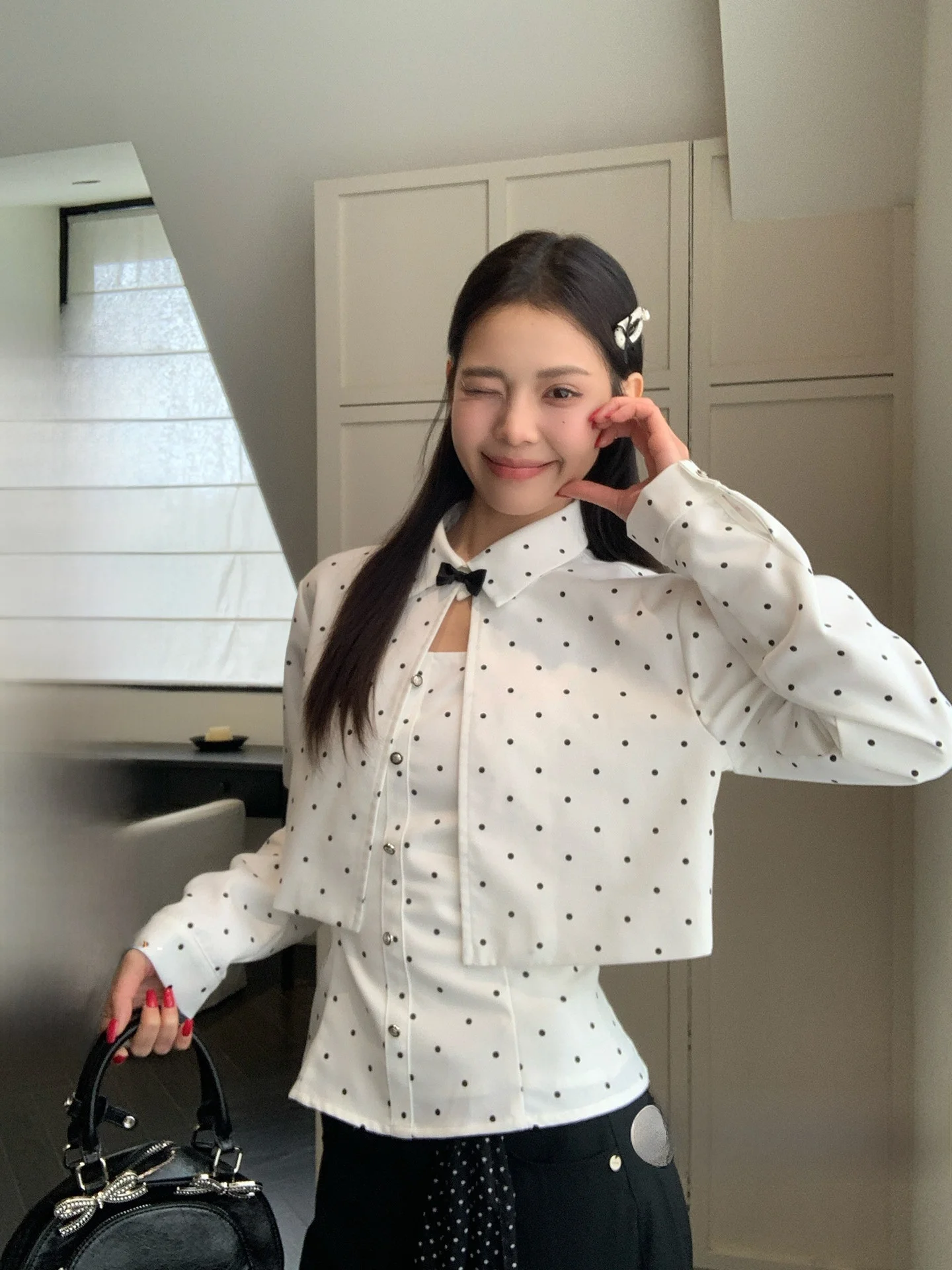 

White Polka Dot Short Collar Thin Outerwear Women's Spring Korean Style Beautiful Sui Mu Small Open Cardigan Top