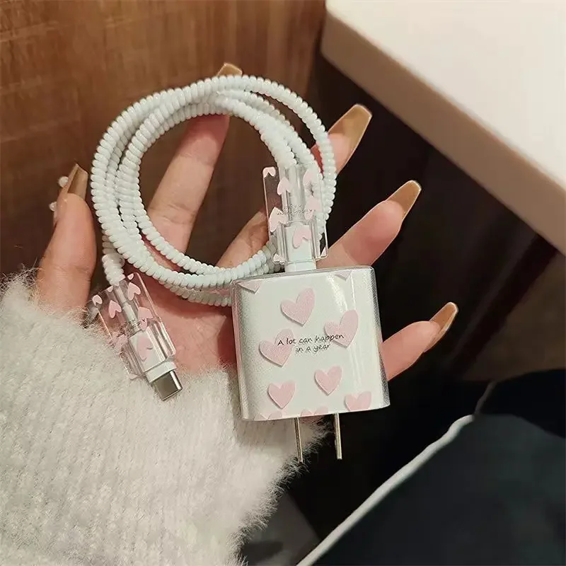 

Cute Pink Love Charger Cable Protector Data Line Cord Winder Protection Cover For Apple 11 12 13 14 15 16 20W US Adapter Case